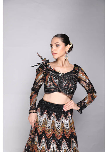 Chevron Sequins Lehenga with Blouse and Cascades