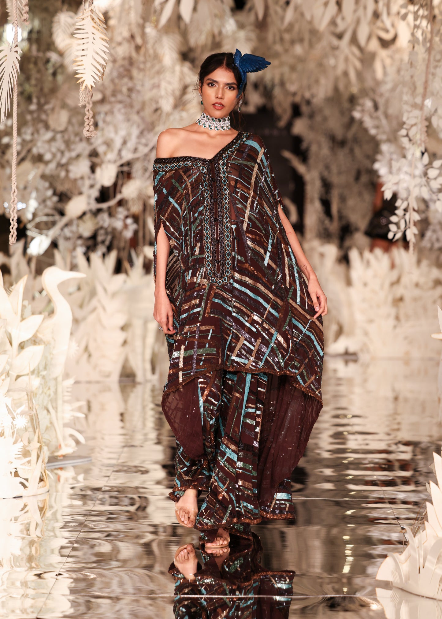 Abstract Printed Kaftan Gown with Sequin Embellishments