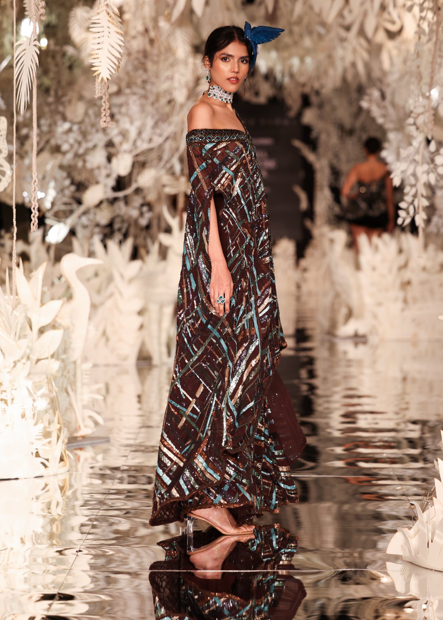 Abstract Printed Kaftan Gown with Sequin Embellishments