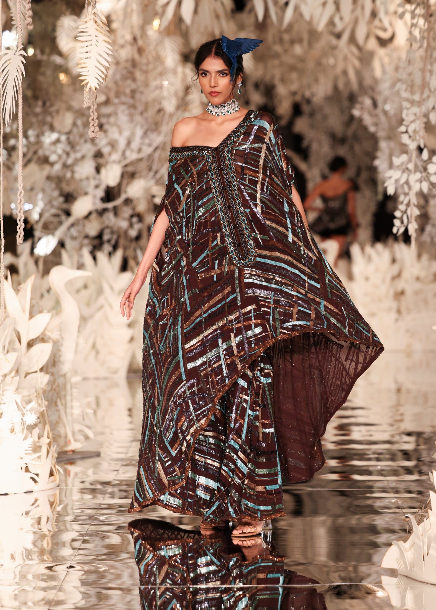 Abstract Printed Kaftan Gown with Sequin Embellishments