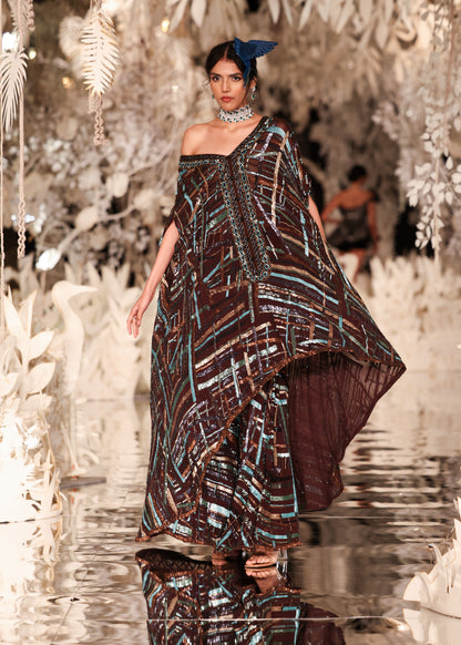 Abstract Printed Kaftan Gown with Sequin Embellishments