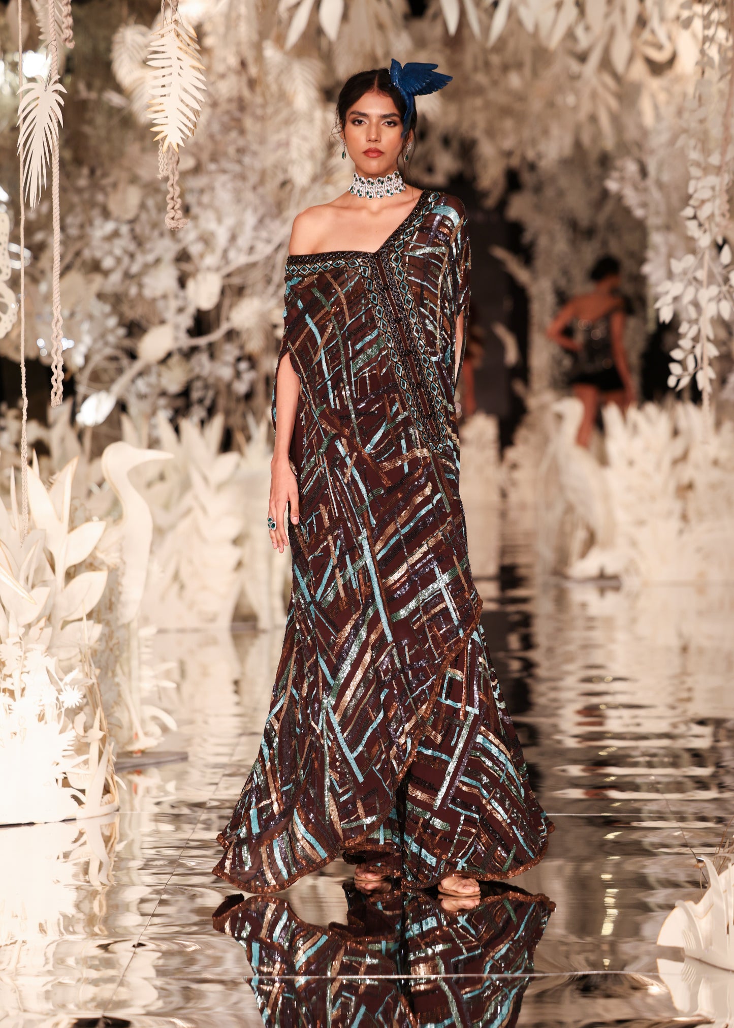 Abstract Printed Kaftan Gown with Sequin Embellishments