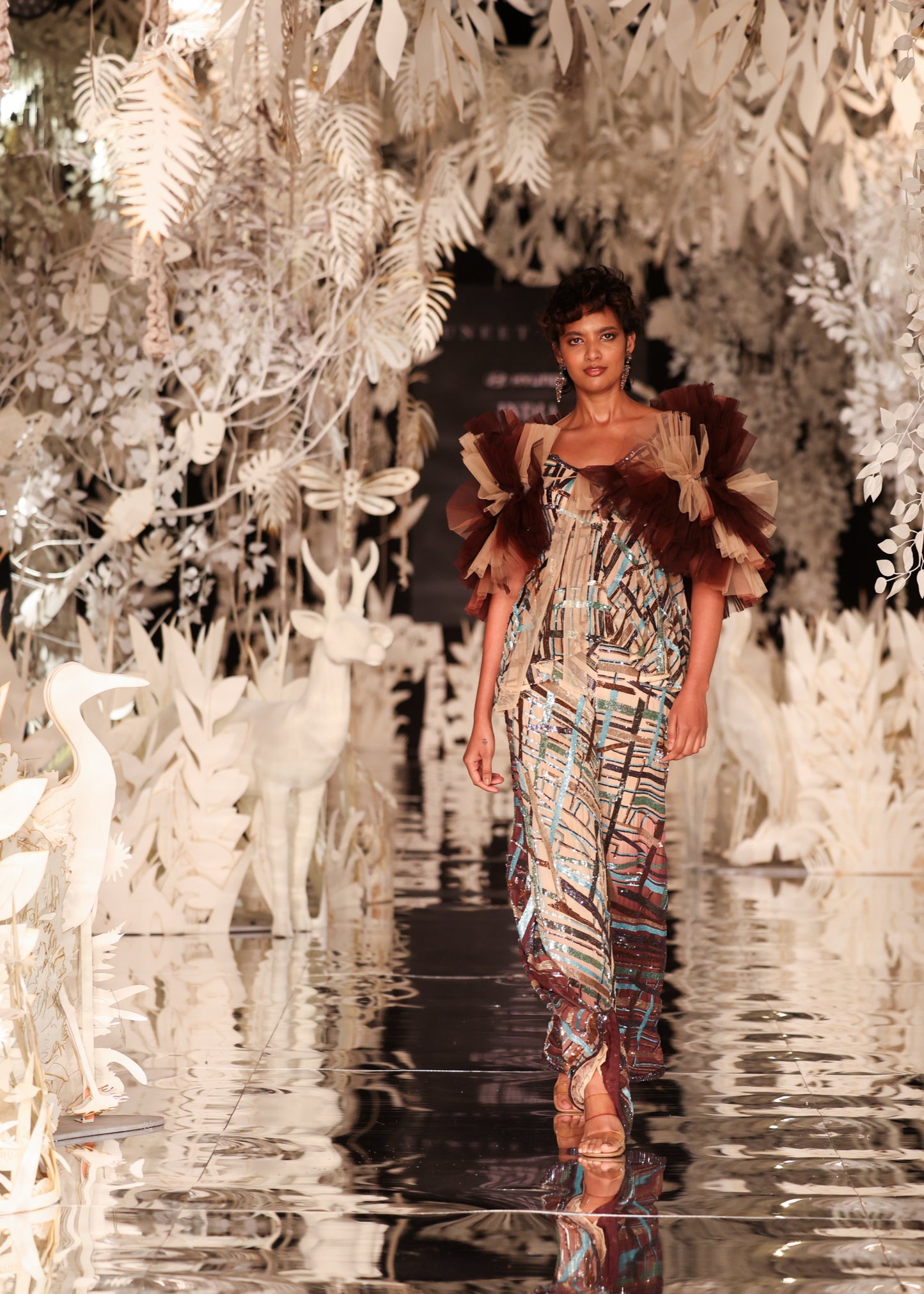 Abstract Printed Jumpsuit with Ruffled Shoulder Detail