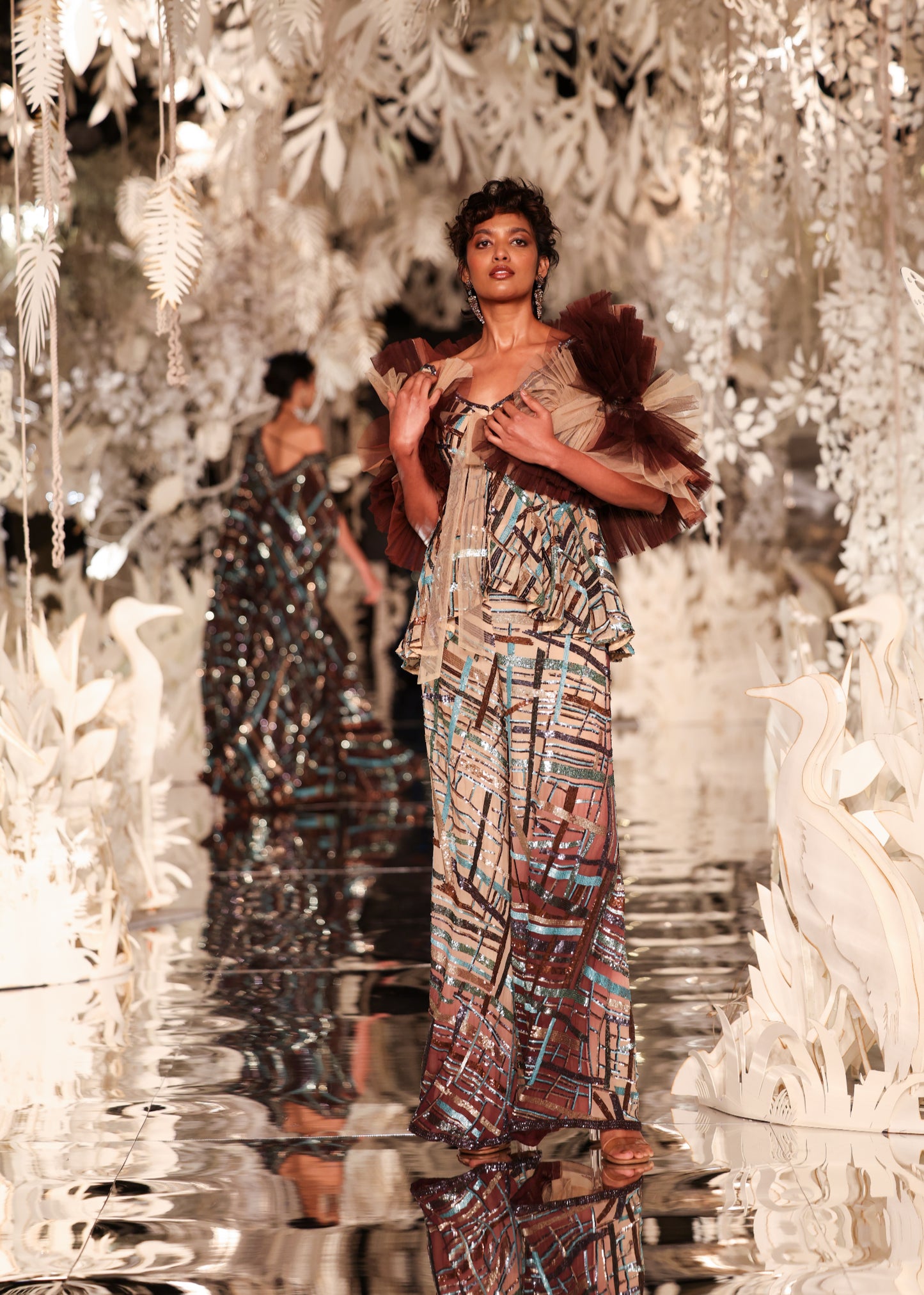 Abstract Printed Jumpsuit with Ruffled Shoulder Detail