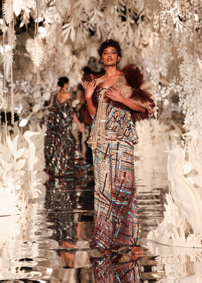 Abstract Printed Jumpsuit with Ruffled Shoulder Detail