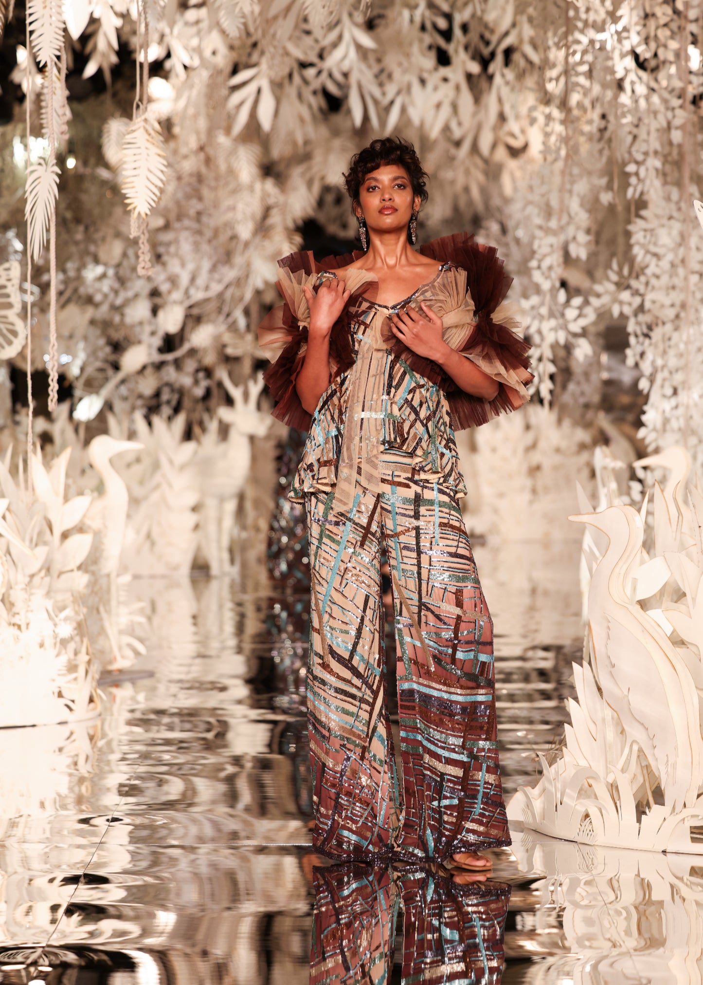 Abstract Printed Jumpsuit with Ruffled Shoulder Detail