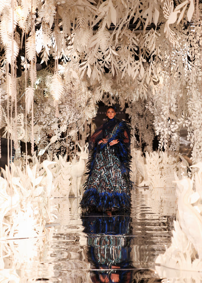 Feathered Lehenga with Beaded Bustier and Cape