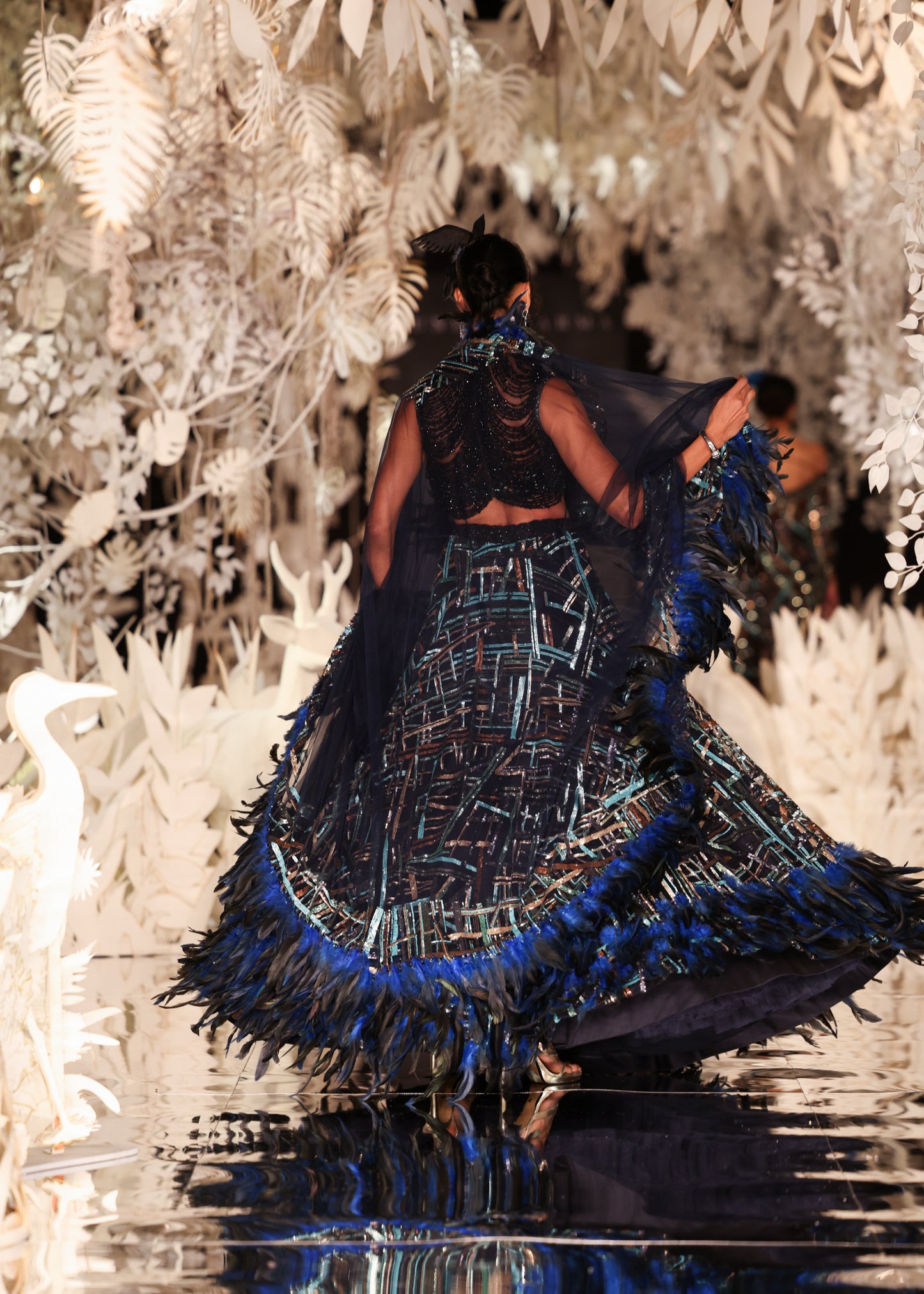 Feathered Lehenga with Beaded Bustier and Cape
