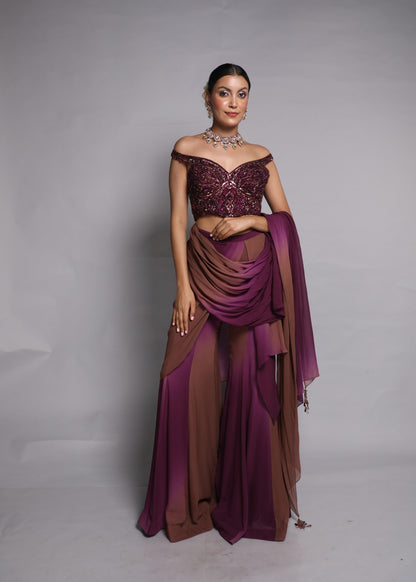 Wine Draped Kurta & Sharara Set