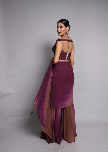 Wine Draped Kurta & Sharara Set