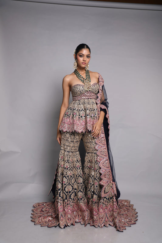 Strapless Peplum Top with Garara with a trail and Dupatta