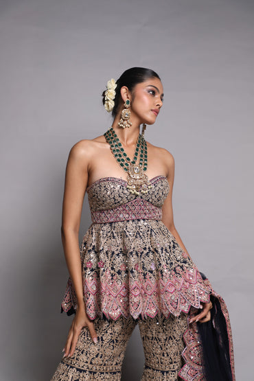 Strapless Peplum Top with Garara with a trail and Dupatta