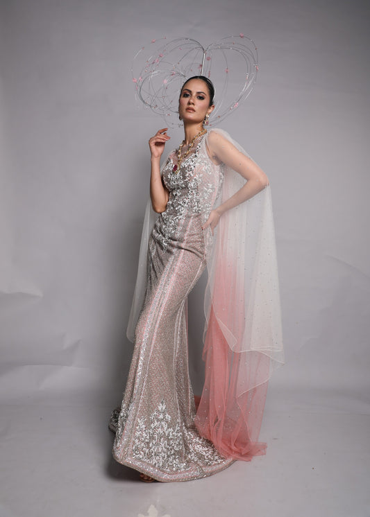 Ombre Embellished Cape Gown with Crystals