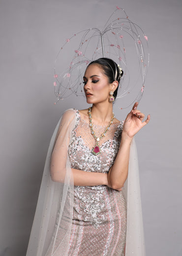 Ombre Embellished Cape Gown with Crystals
