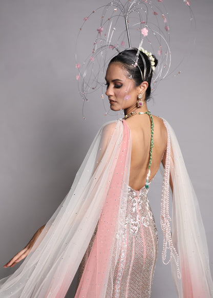 Ombre Embellished Cape Gown with Crystals