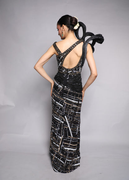 Embellished Black and Grey Stripe Gown