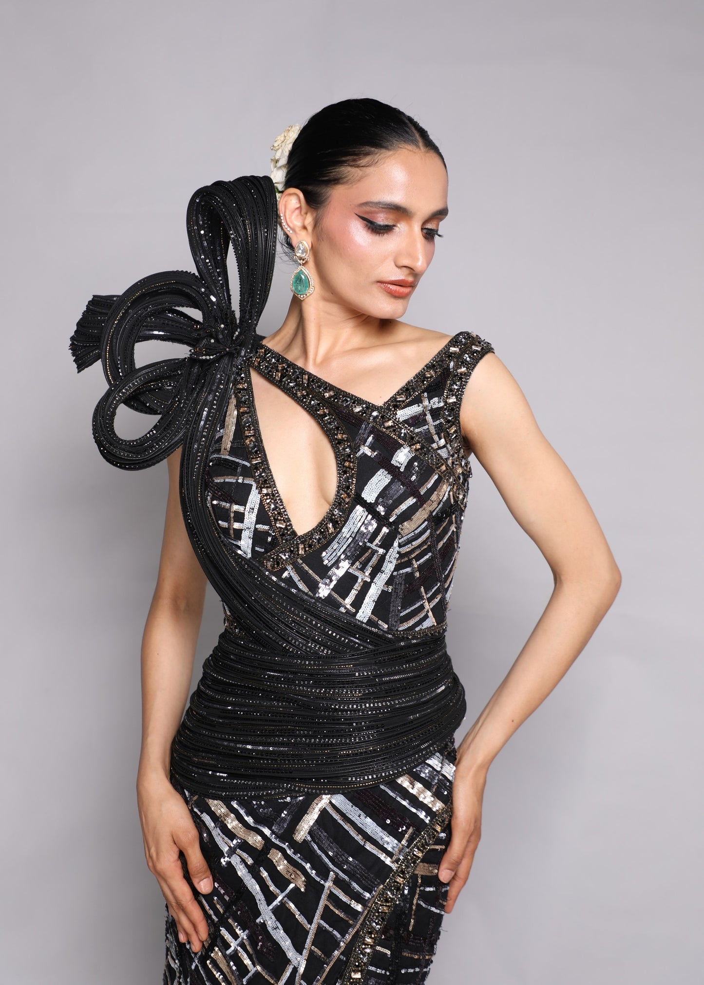 Embellished Black and Grey Stripe Gown