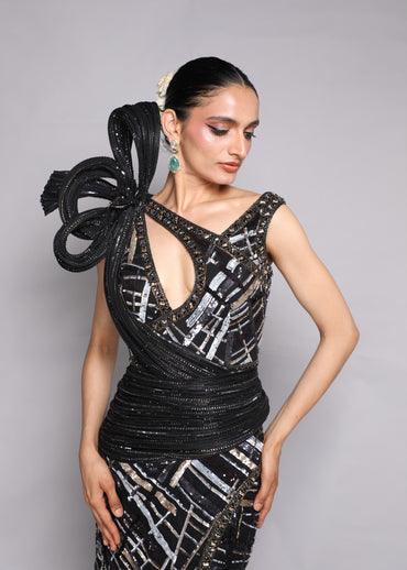 Embellished Black and Grey Stripe Gown