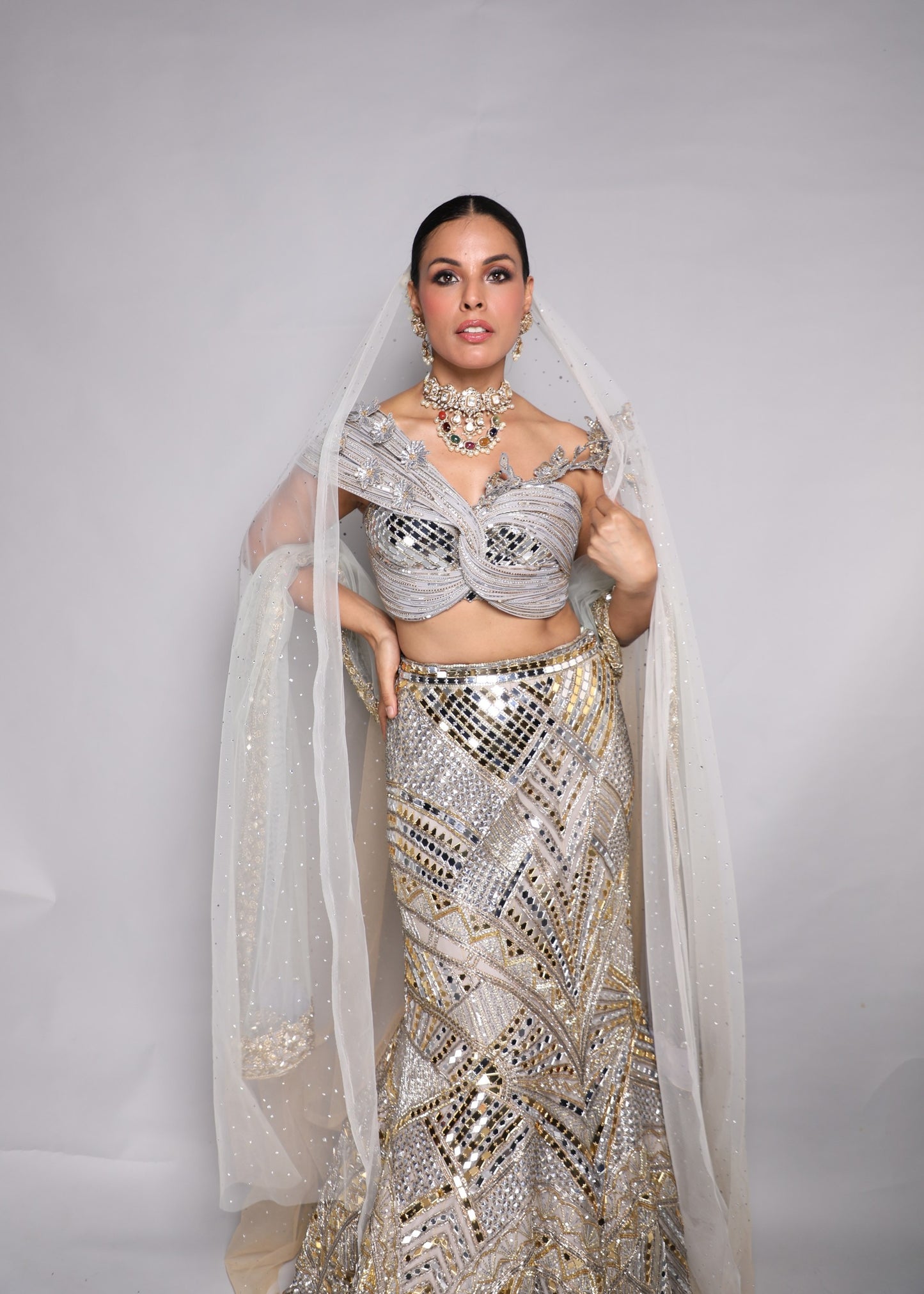 Silver-Gold Mirror Lehenga Set