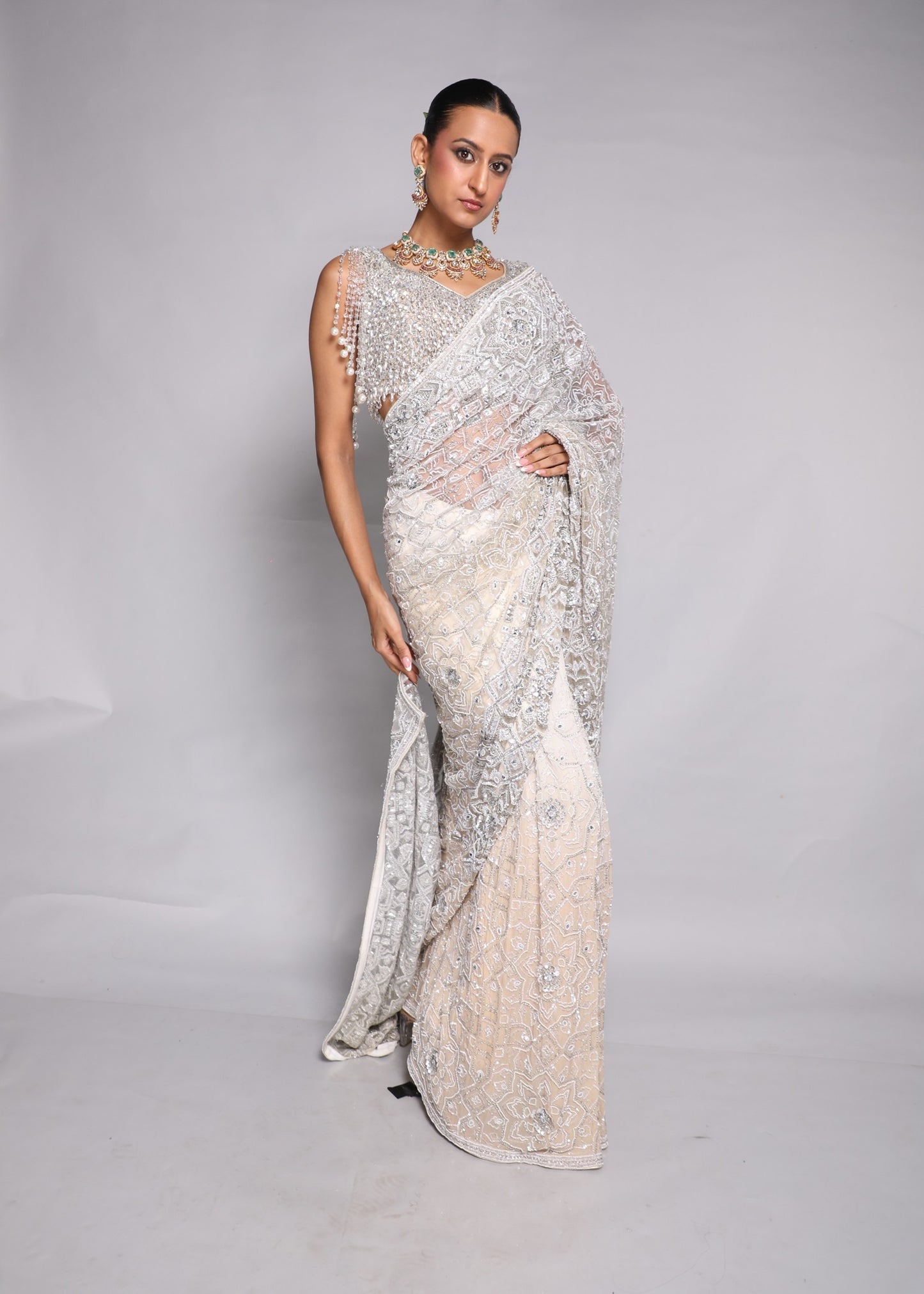 Ivory Embellished Saree With Pearl Blouse