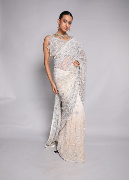 Ivory Embellished Saree With Pearl Blouse