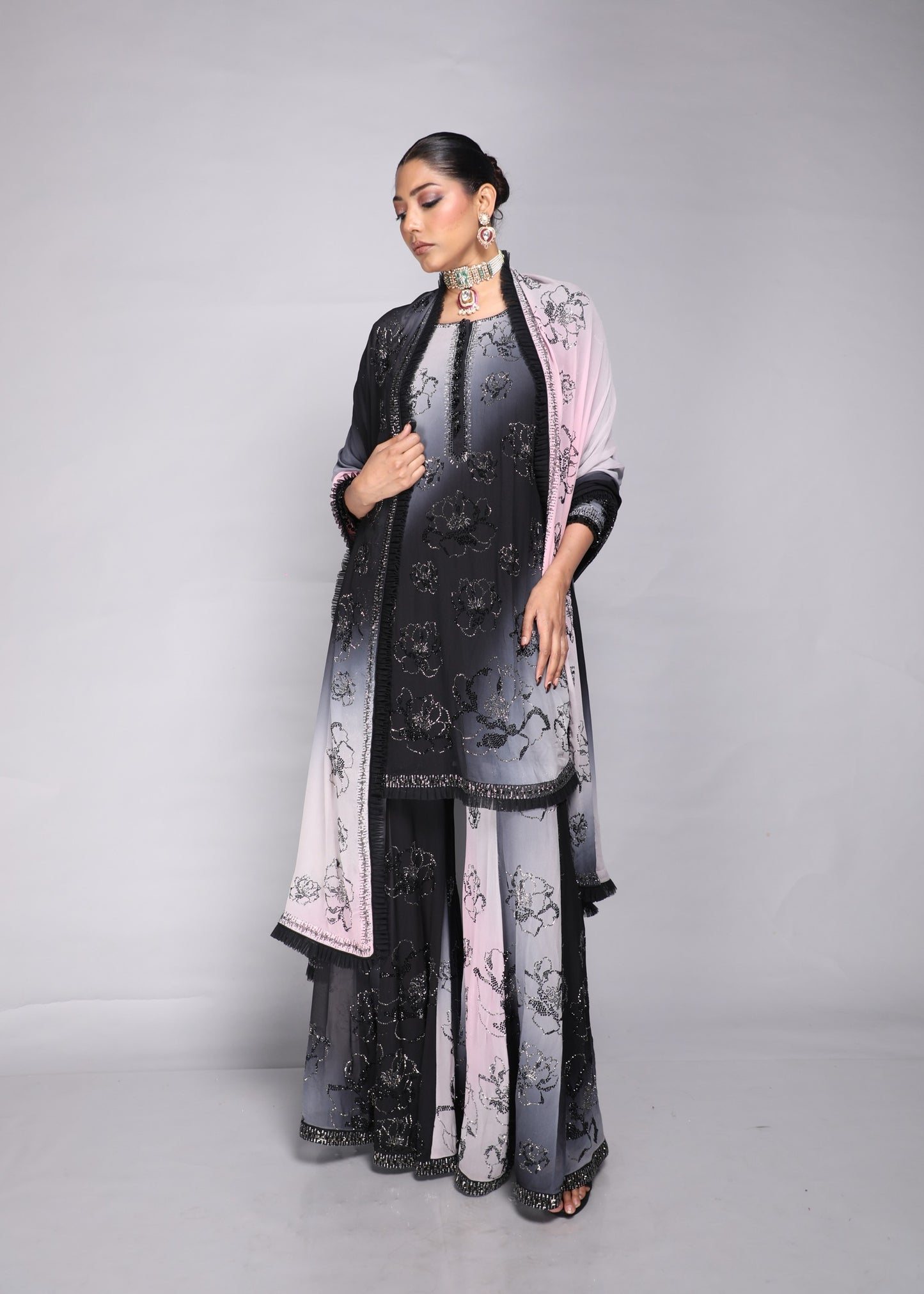 Blush Pink To Charcoal Ombre Kurta