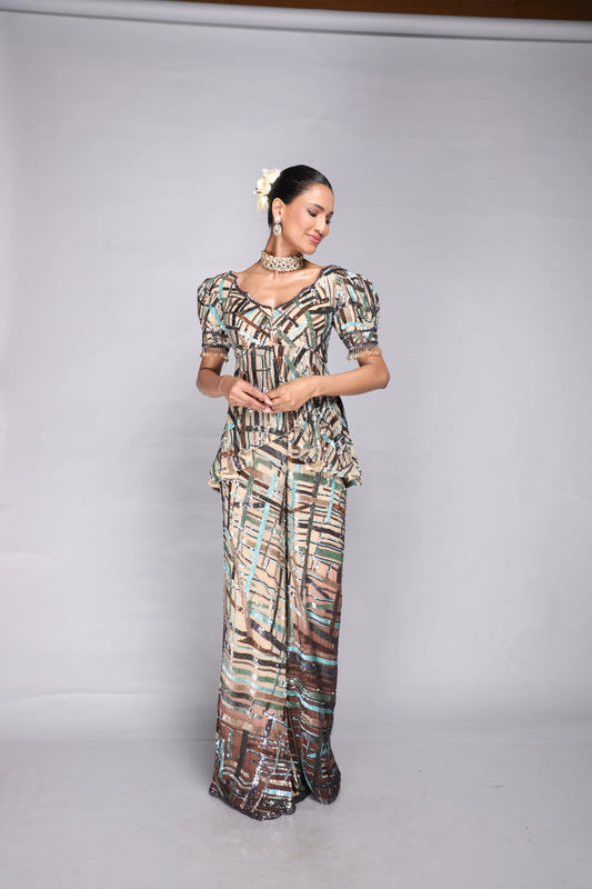 Abstract Printed Peplum Top and Pant Set
