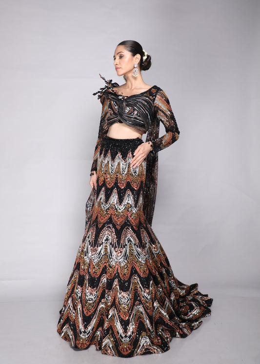 Chevron Sequins Lehenga with Blouse and Cascades