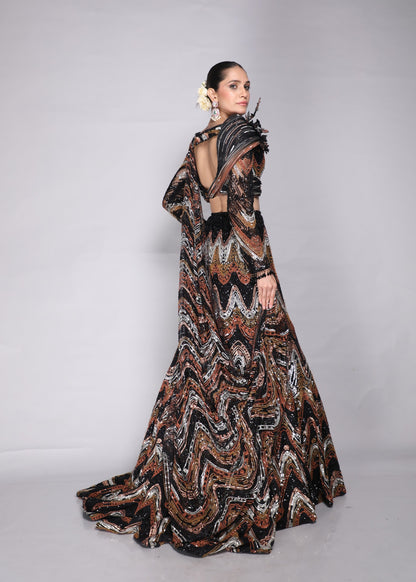 Chevron Sequins Lehenga with Blouse and Cascades