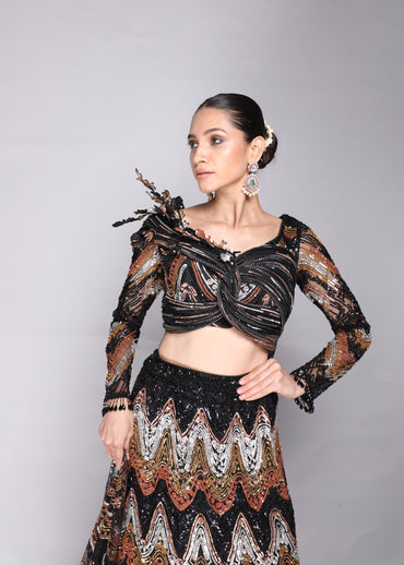 Chevron Sequins Lehenga with Blouse and Cascades
