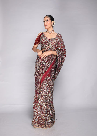Deep Red Embellished Saree & Sculpted Blouse