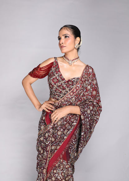 Deep Red Embellished Saree & Sculpted Blouse