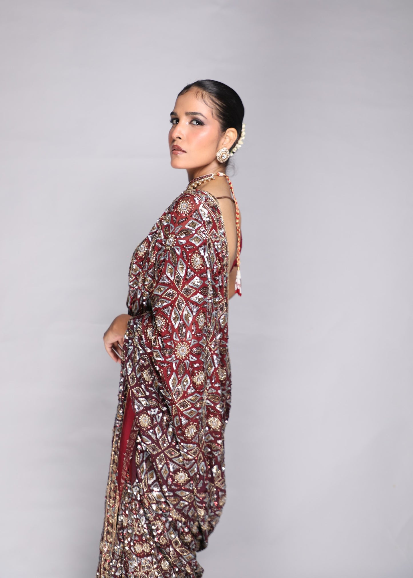 Deep Red Embellished Saree & Sculpted Blouse