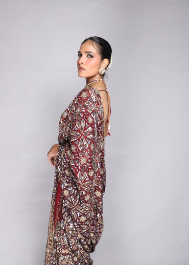 Deep Red Embellished Saree & Sculpted Blouse