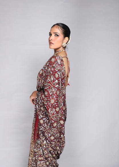 Deep Red Embellished Saree & Sculpted Blouse