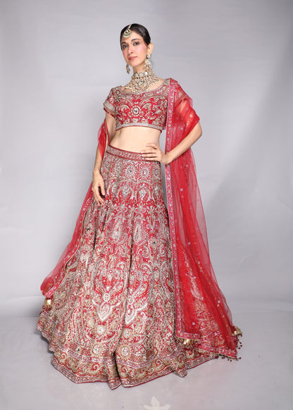 Red Embroidered Lehenga Set