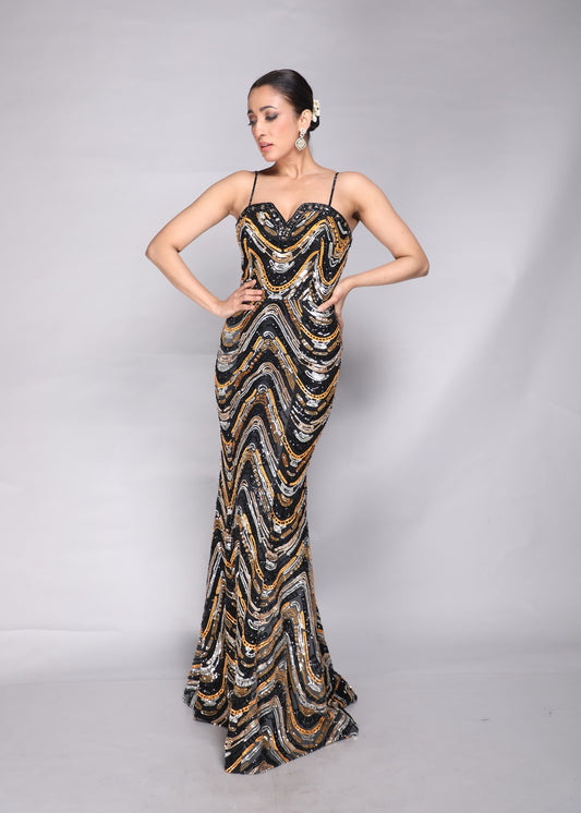 Sequined Chevron Strapless Gown
