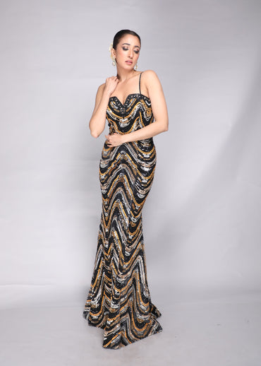 Sequined Chevron Strapless Gown