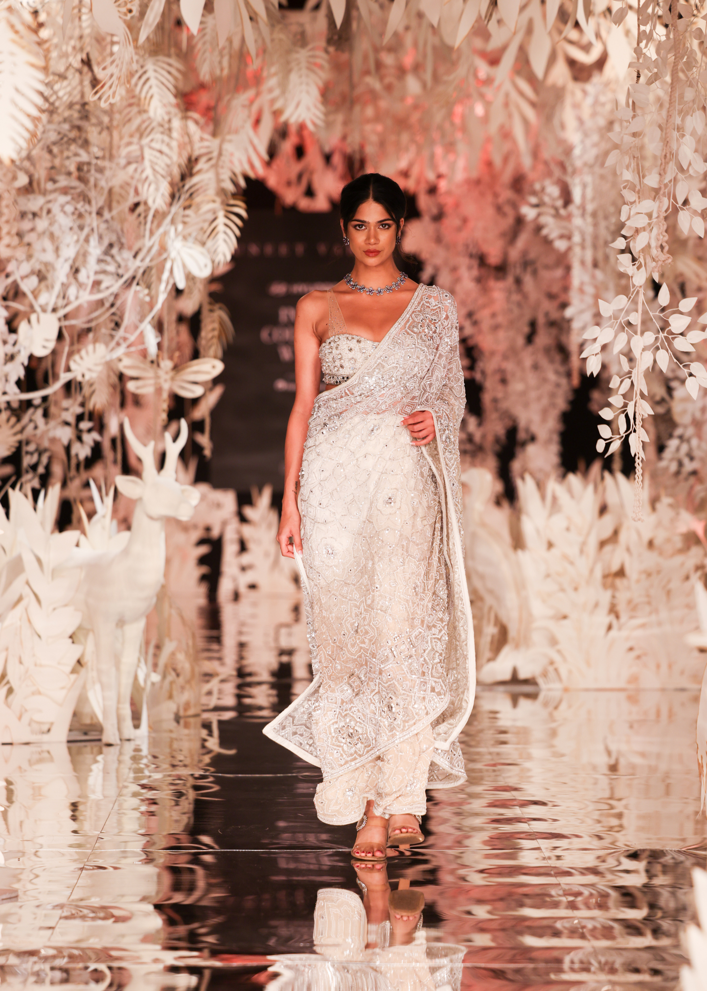 Ivory Beaded Pre-Draped Lehenga-Saree with Embellished Blouse