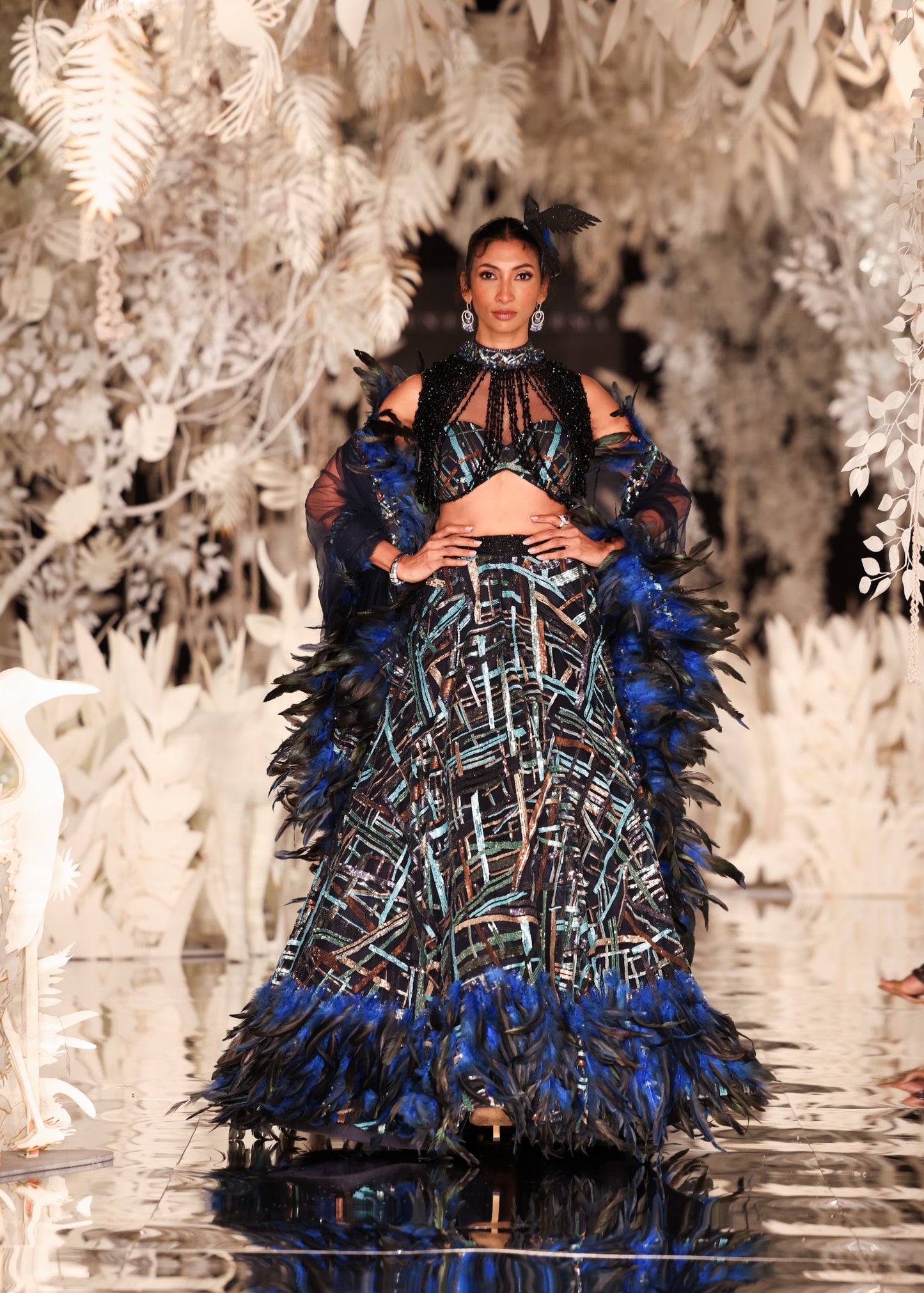 Feathered Lehenga with Beaded Bustier and Cape