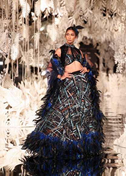 Feathered Lehenga with Beaded Bustier and Cape