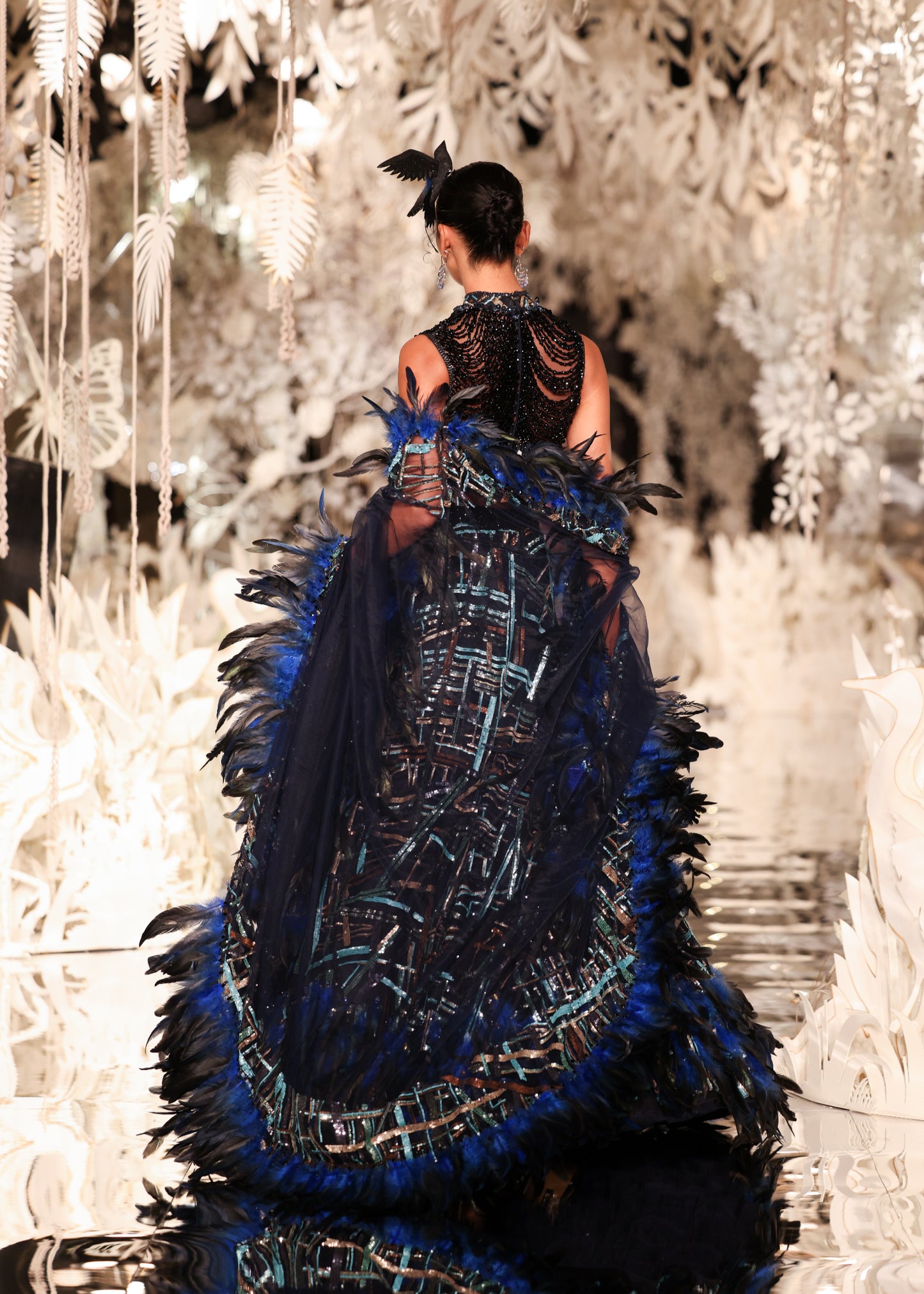 Feathered Lehenga with Beaded Bustier and Cape