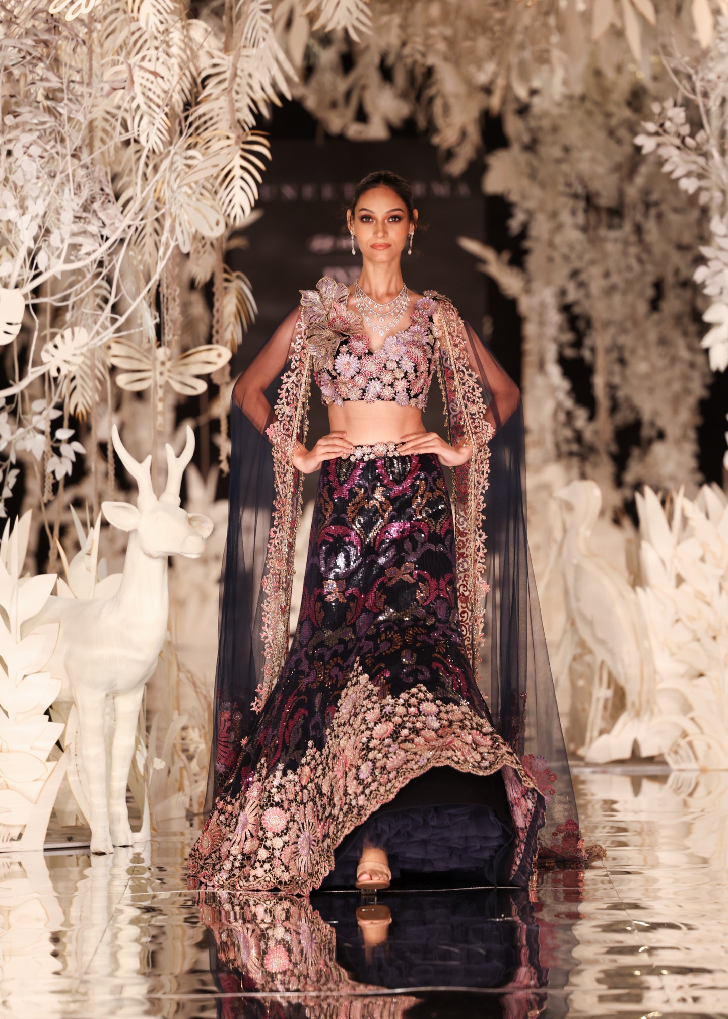 Embellished Floral Lehenga with Plunging Crop Top and Sheer Cape