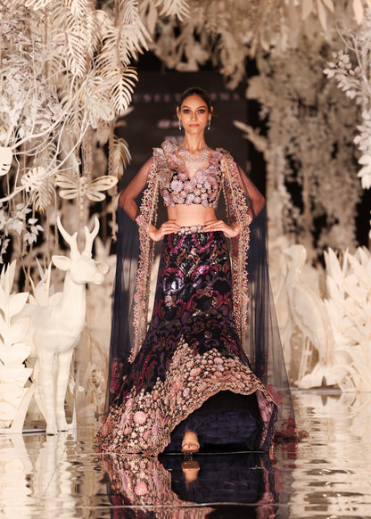 Embellished Floral Lehenga with Plunging Crop Top and Sheer Cape