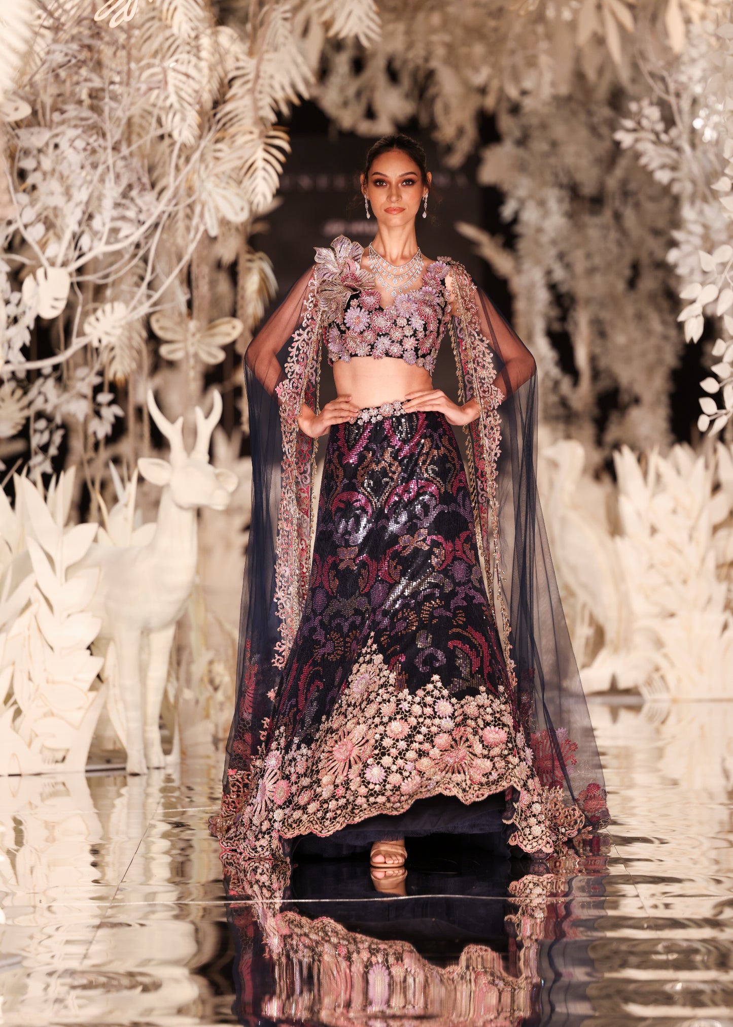 Embellished Floral Lehenga with Plunging Crop Top and Sheer Cape