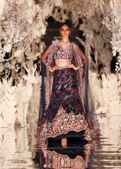 Embellished Floral Lehenga with Plunging Crop Top and Sheer Cape
