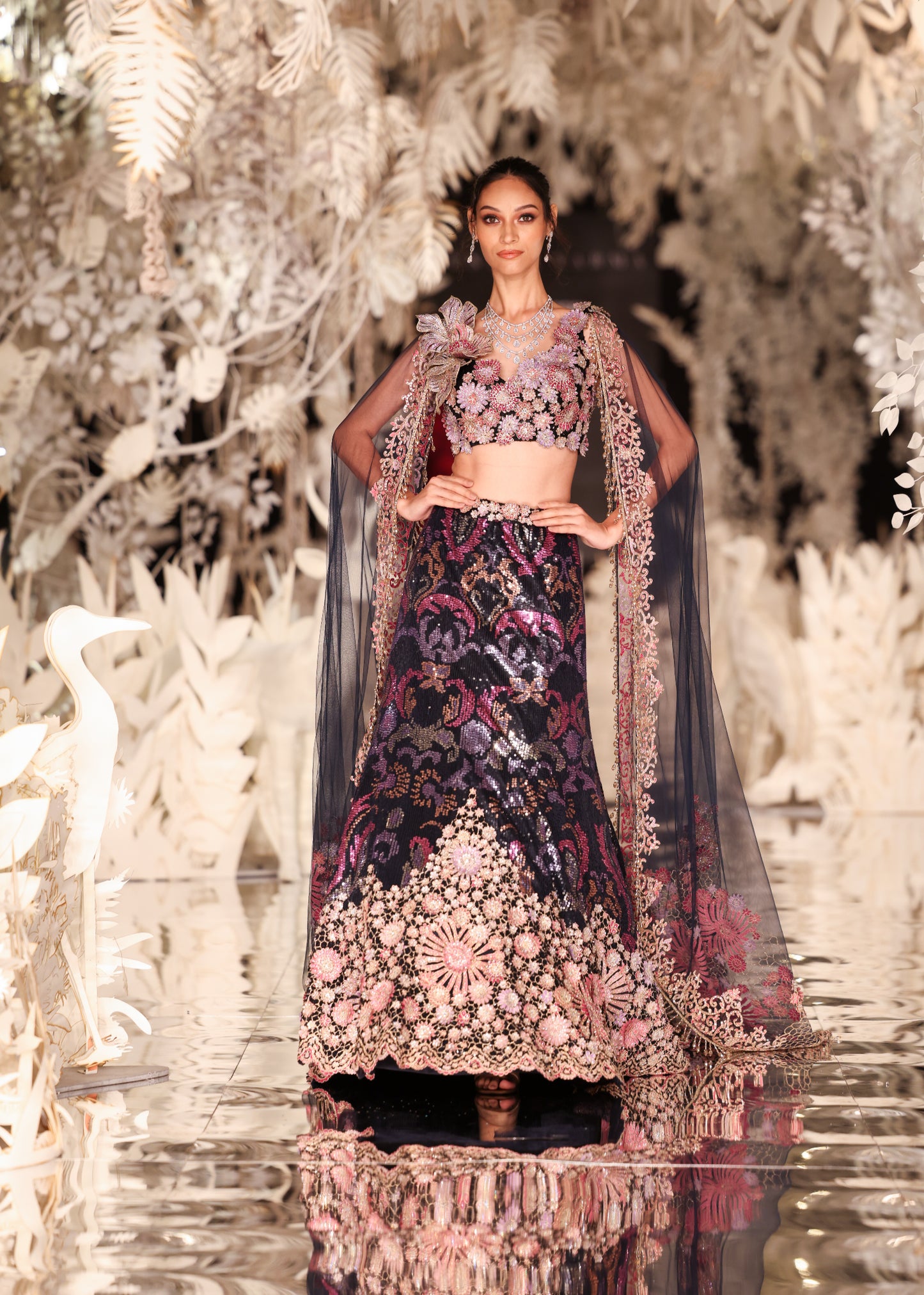 Embellished Floral Lehenga with Plunging Crop Top and Sheer Cape