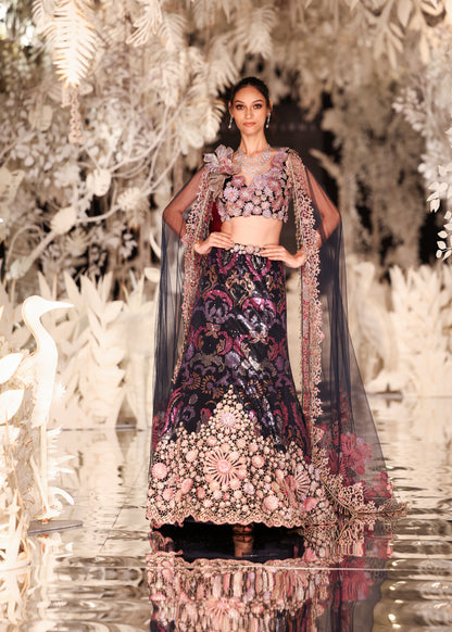 Embellished Floral Lehenga with Plunging Crop Top and Sheer Cape