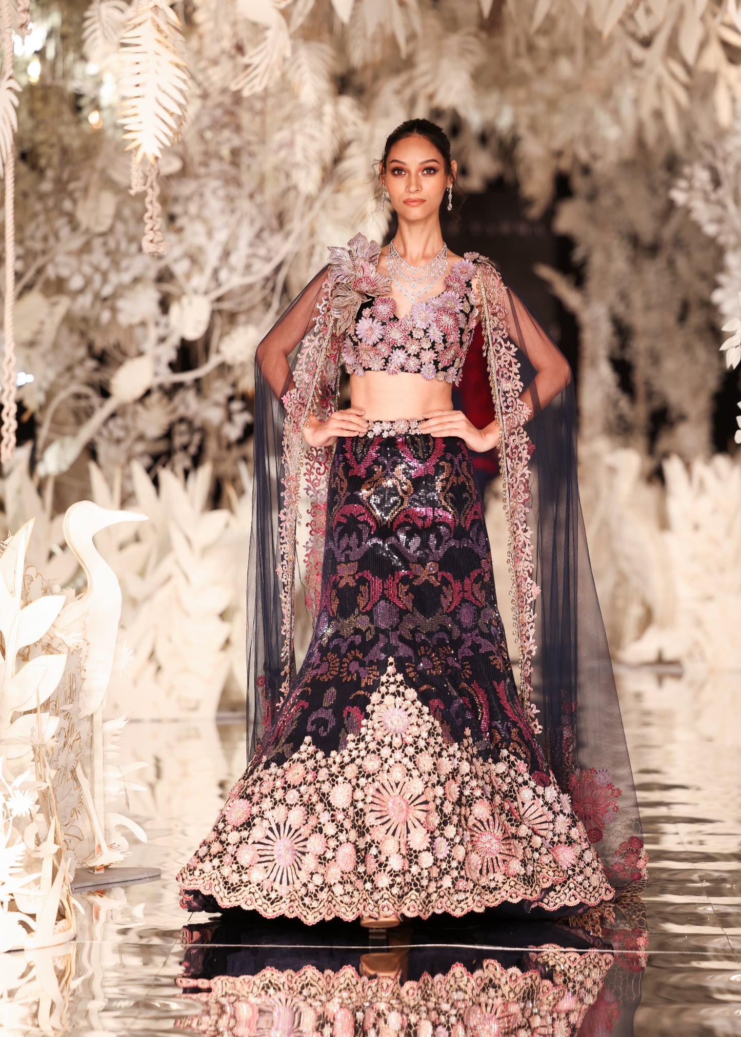 Embellished Floral Lehenga with Plunging Crop Top and Sheer Cape