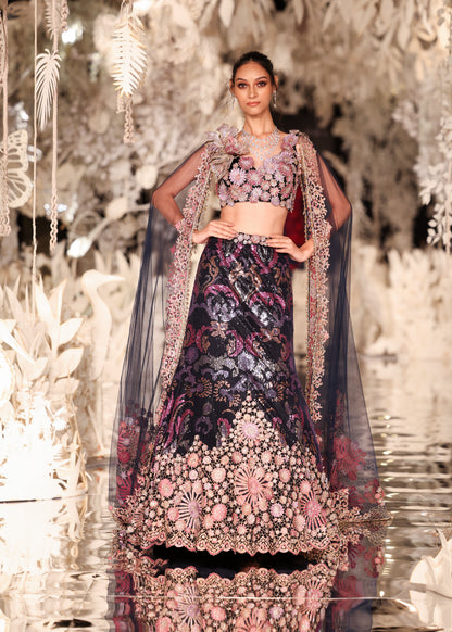 Embellished Floral Lehenga with Plunging Crop Top and Sheer Cape